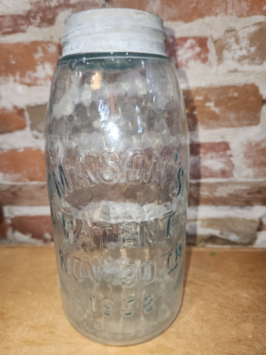 Vintage Light Aqua Blue 1/2 Gallon Embossed Mason's Patent Nov. 30th 1858 jar54