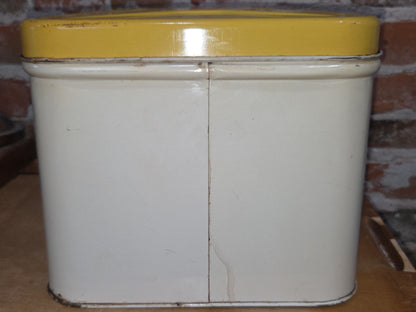 Vintage Decoware Metal Bread Box Hinged Lid Pinecones Yellow Cream AS IS tbb4