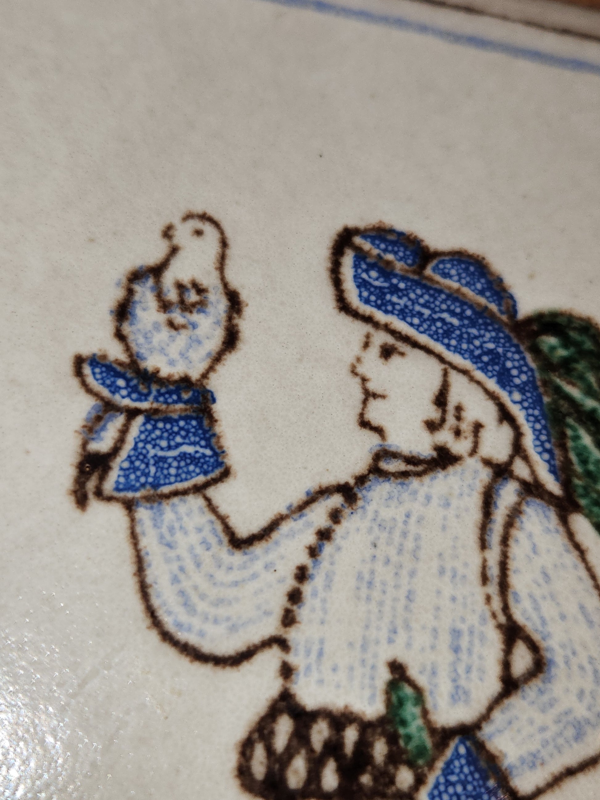 Vintage Pair of Pimme Italian Made Tiles in Frames making Trivets. Drawing is engraved into tile and painted. Man with Falcon and Flower Maiden