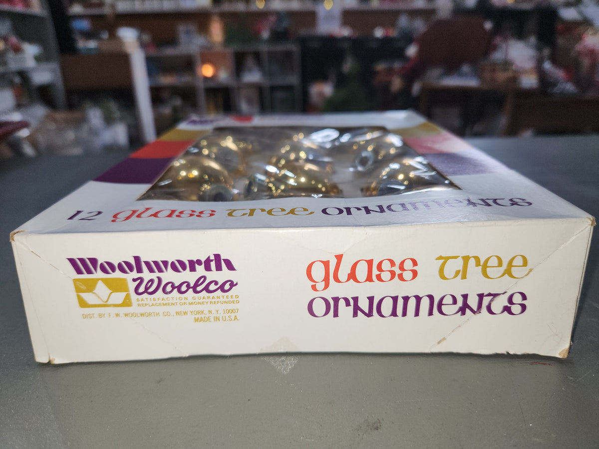 Vintage Woolworth Woolco Box of 12 Glass Ornaments Gold Ornaments BO19