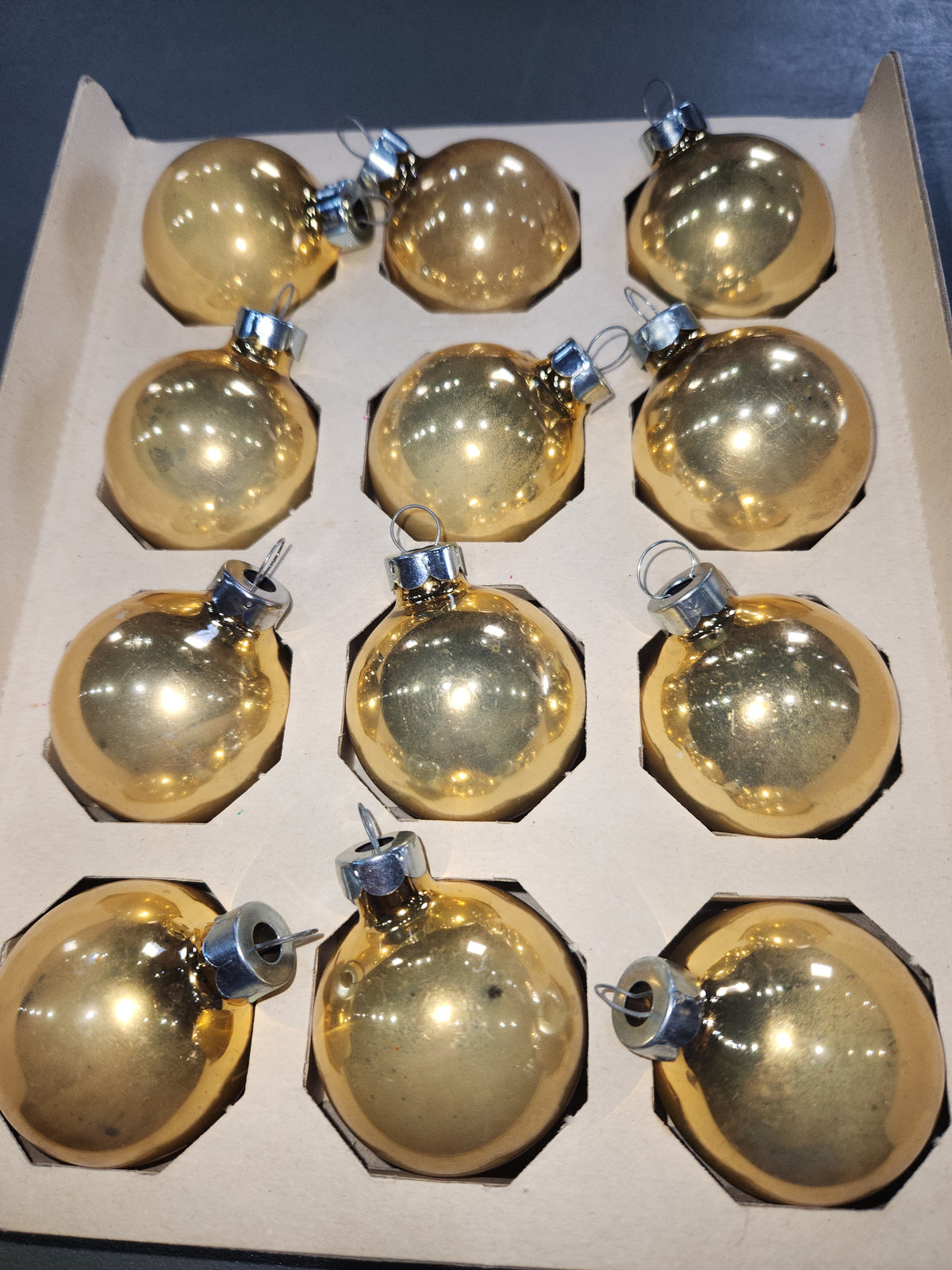 Vintage Woolworth Woolco Box of 12 Glass Ornaments Gold Ornaments BO19