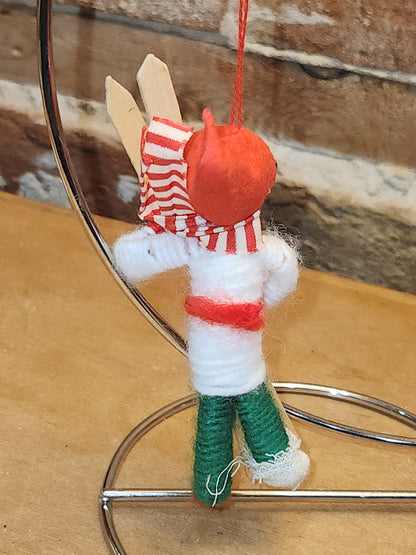Vintage Fabric & Wood Boy w/Skies Christmas Ornament Germany elf00