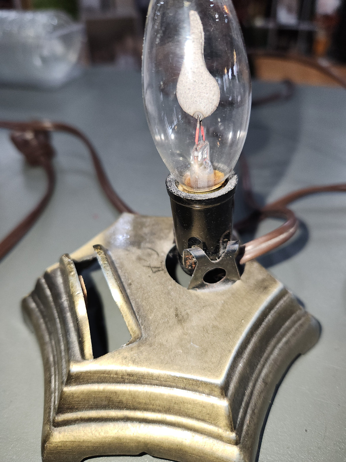 Vintage Fan-shaped Cast Metal Nightlight Holding Porcelain Lithophane "Guardian Angel at the Bridge" nl6