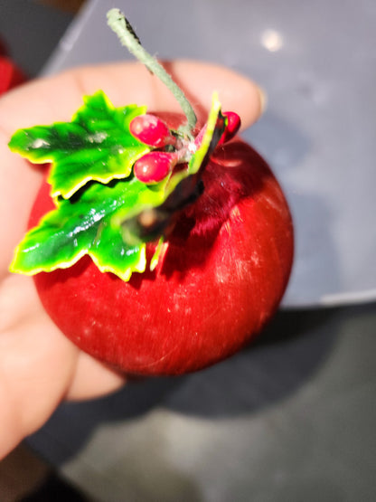 Vintage Red Satin Spun Silk Christmas Ornament 2" Ball With Green Holly Leaf and Green Metal Hanger