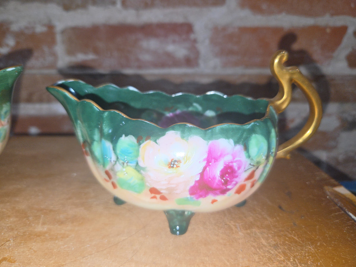 Vintage Porcelain Handpainted Footed Bowl and Footed Creamer sbc1
