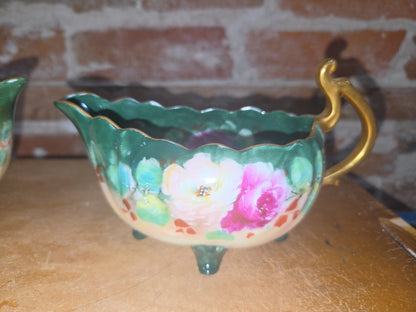 Vintage Porcelain Handpainted Footed Bowl and Footed Creamer sbc1