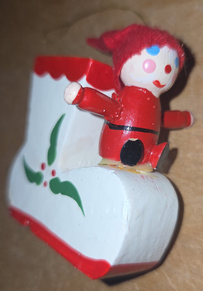 Vintage Wooden Ornaments Snowman Cat Shoe Tree Set of 5 MCM Kitchy