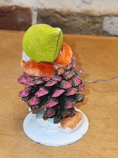 Vintage Pinecone Elf Gnome Dwarf Ornament in Band Playing Cymbals Chenille Plastic Face Mica Japan elf51