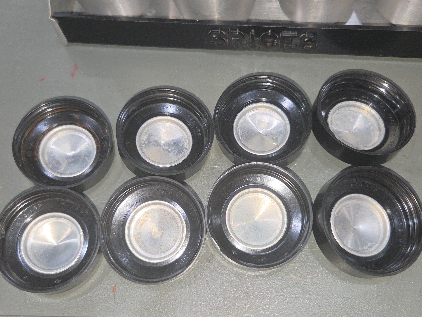 Kromex Vintage Aluminum Spice Set of 8 and Rack alu003