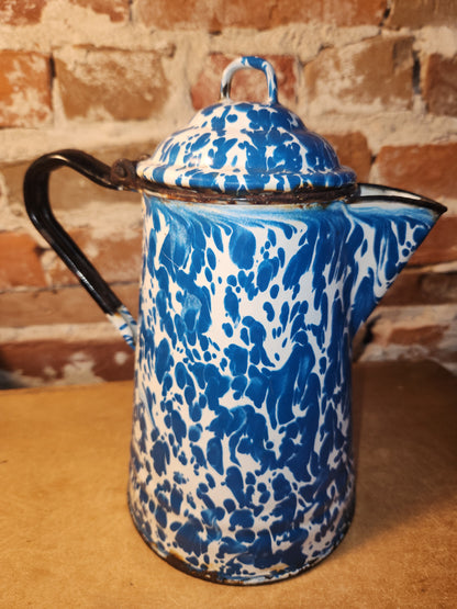 Vintage Enamelware Graniteware Coffee Pot with Lid Blue White Swirl Splotches ew70