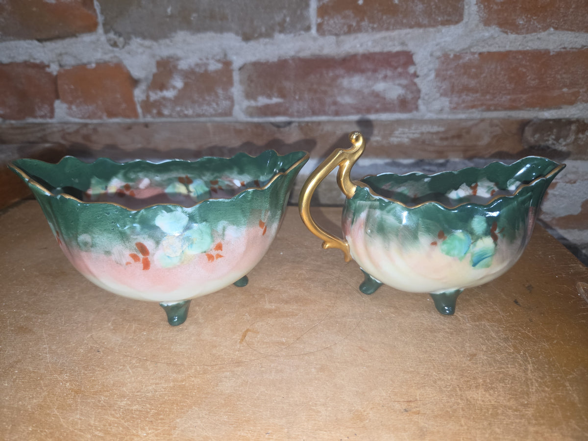 Vintage Porcelain Handpainted Footed Bowl and Footed Creamer sbc1