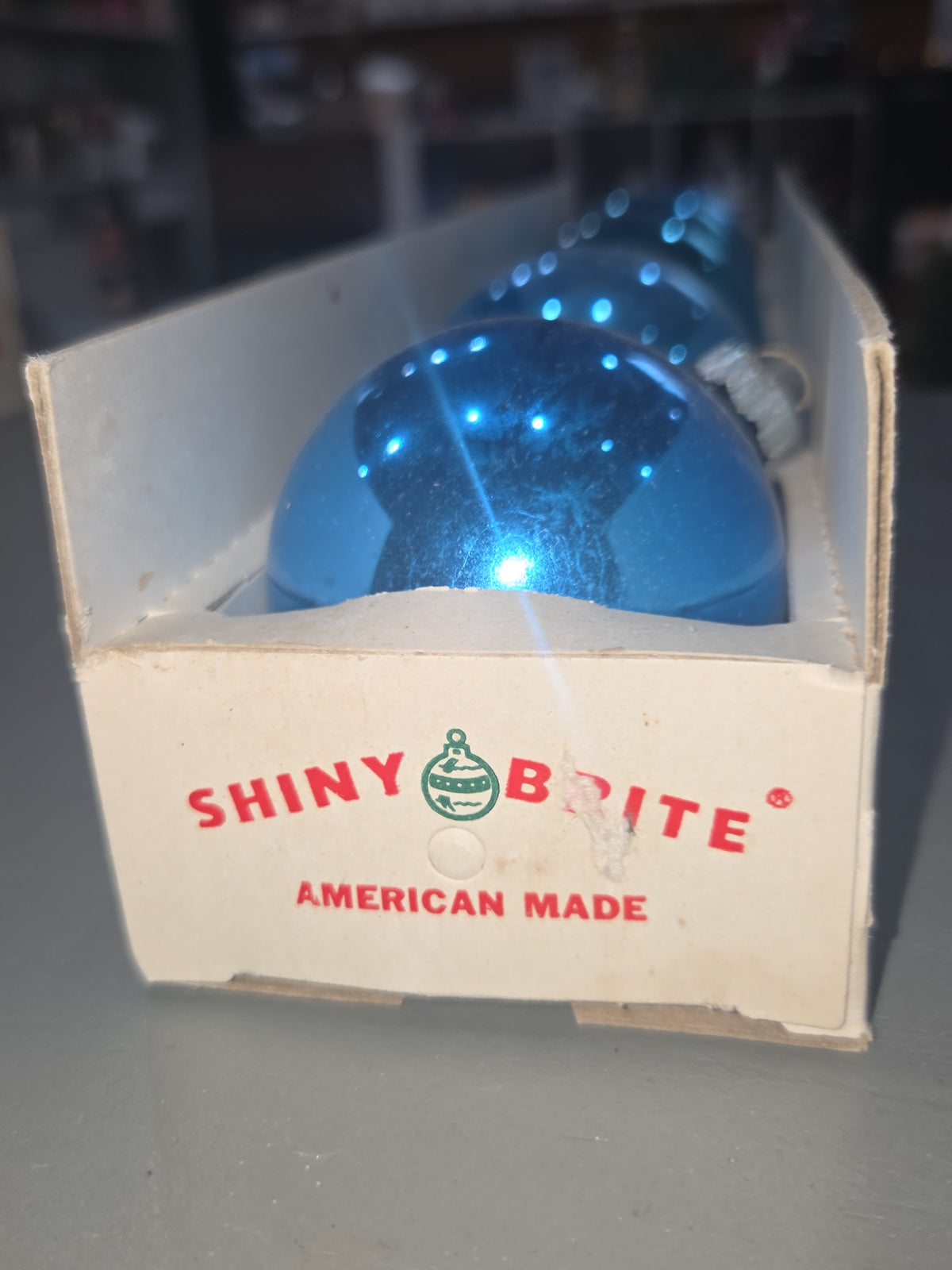 Vintage Shiny Brite Glass Christmas Ornaments Five 3" Blue Shades in Fanci-Pak Box As Is sb9