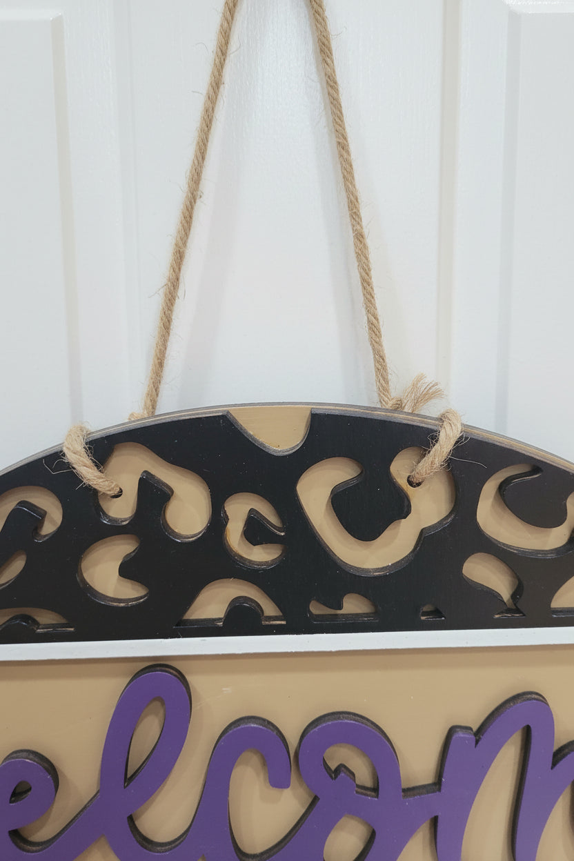 Door Sign 16" Handpainted Leopard Print Welcome to our Home purple black white tan CLEARANCE ds9