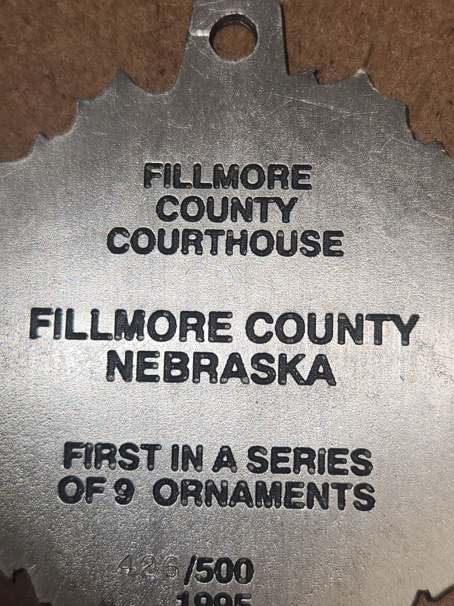 Pewter Ornamanet Fillmore County Courthouse Fillmore County Nebraska First in a Series of Nine #426/500 Dated 1995