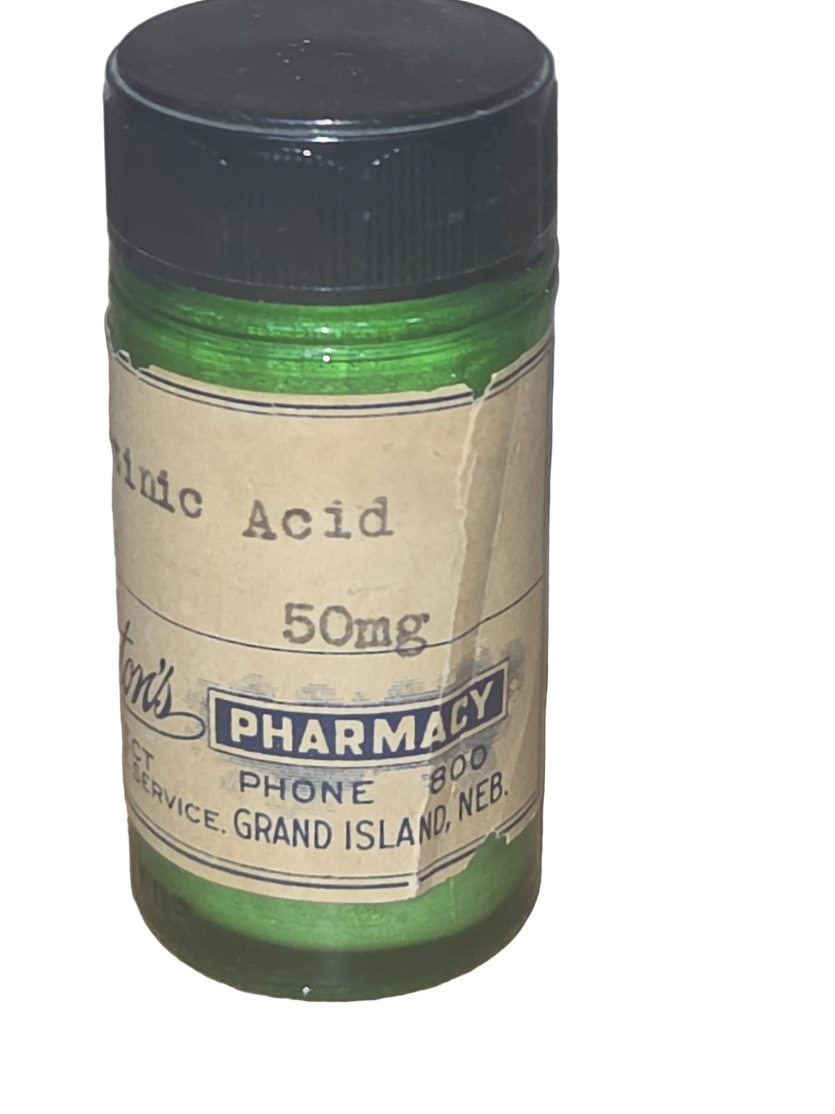 Vintage Glass Medicine Bottle Green Plastic Cap Clayton's Pharmacy Owens-Illinois Glass Co 2 1/2" EMPTY gg6