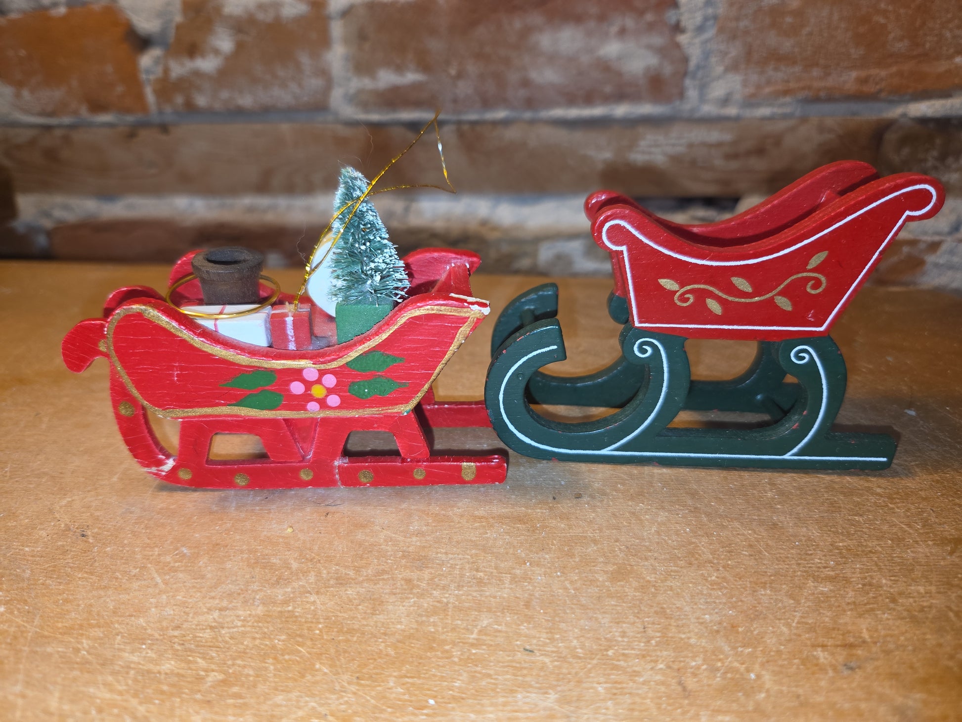 Vintage Wooden Ornament Sleigh Set of 2 AS IS MCM Kitchy