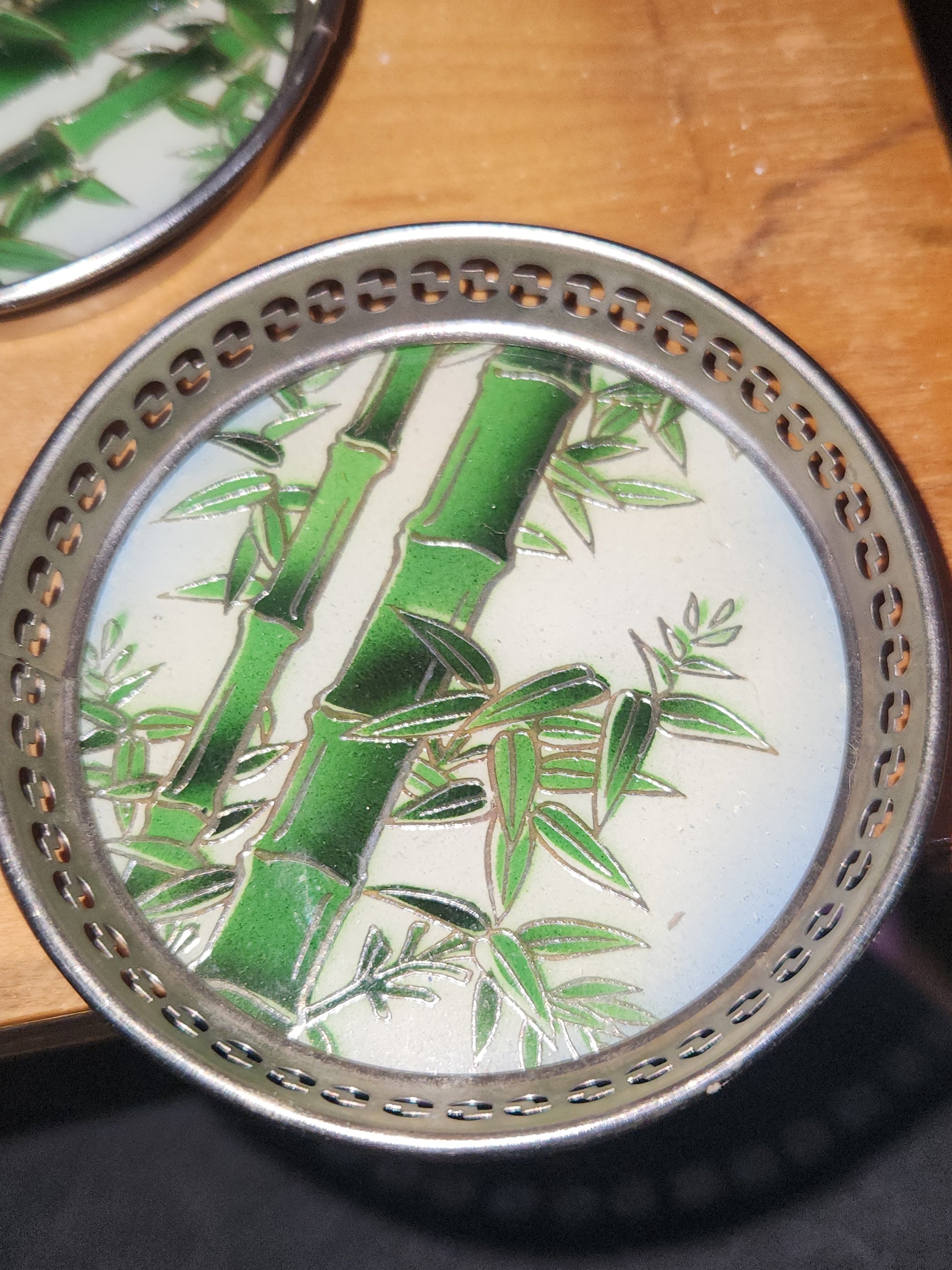 Vintage BP Glass and Stainless Tray & 6 Coaster Set with Bamboo Design Made in Japan MCM AS IS tr1