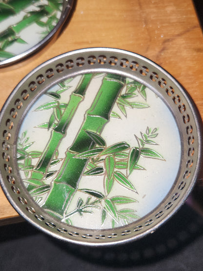 Vintage BP Glass and Stainless Tray & 6 Coaster Set with Bamboo Design Made in Japan MCM AS IS tr1