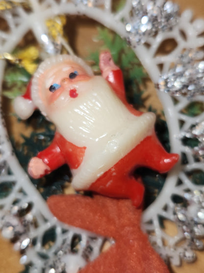 Vintage Plastic 1960s Commodore or Commodore Like Ornaments with Santa and Angel, Greenery Plastic Bow AS IS sm18