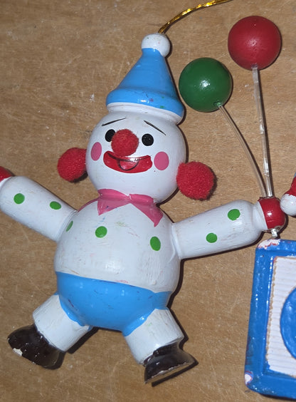 Vintage Wooden Ornament Circus Clowns Set of 4 MCM Kitchy