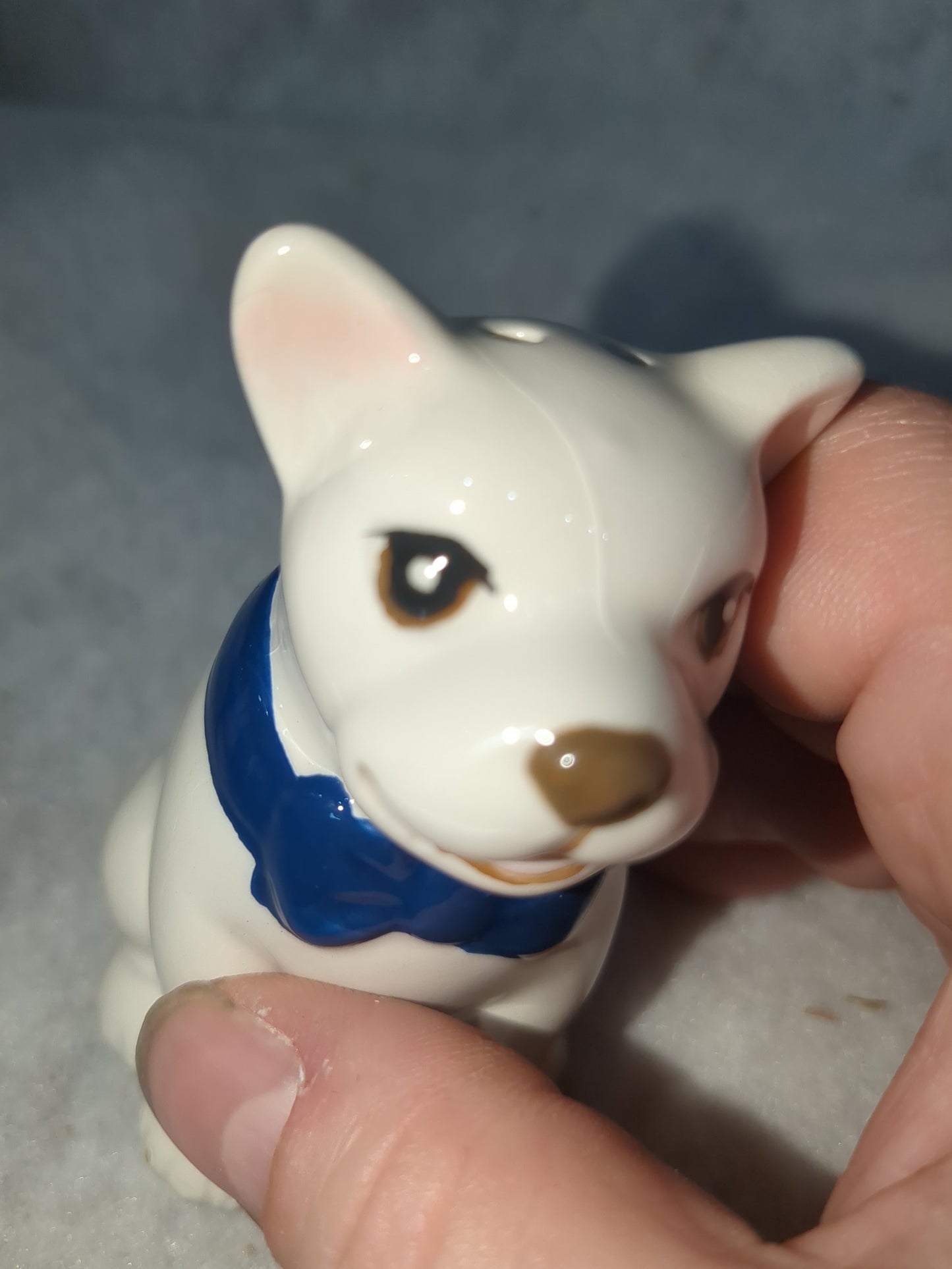 French Bulldog Ceramic Salt and Pepper Shakers Red & Blue Bow Ties Missing One Stopper CLEARANCE