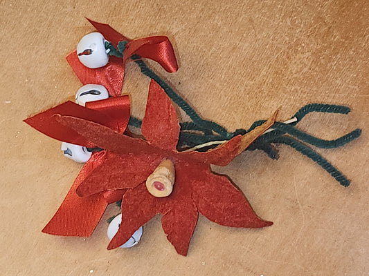 Vintage Christmas Corsage or Package Decoration with White Metal Bells Paper Poinsettia Ribbon and Pipe Cleaner Present Decoration vc11
