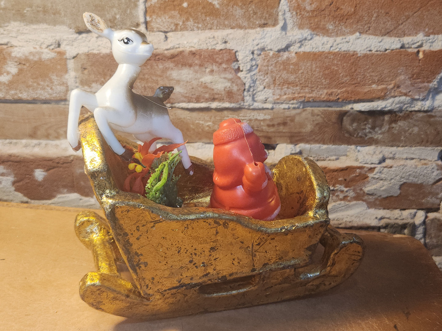 Assemblage with Vintage Hong Kong Reindeer Gold Paper Mache Sleigh Santa as7