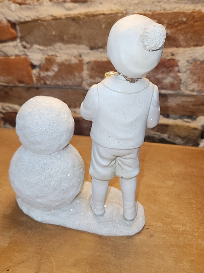 Kid Building Snowman Figurine Resin White Gold sm11