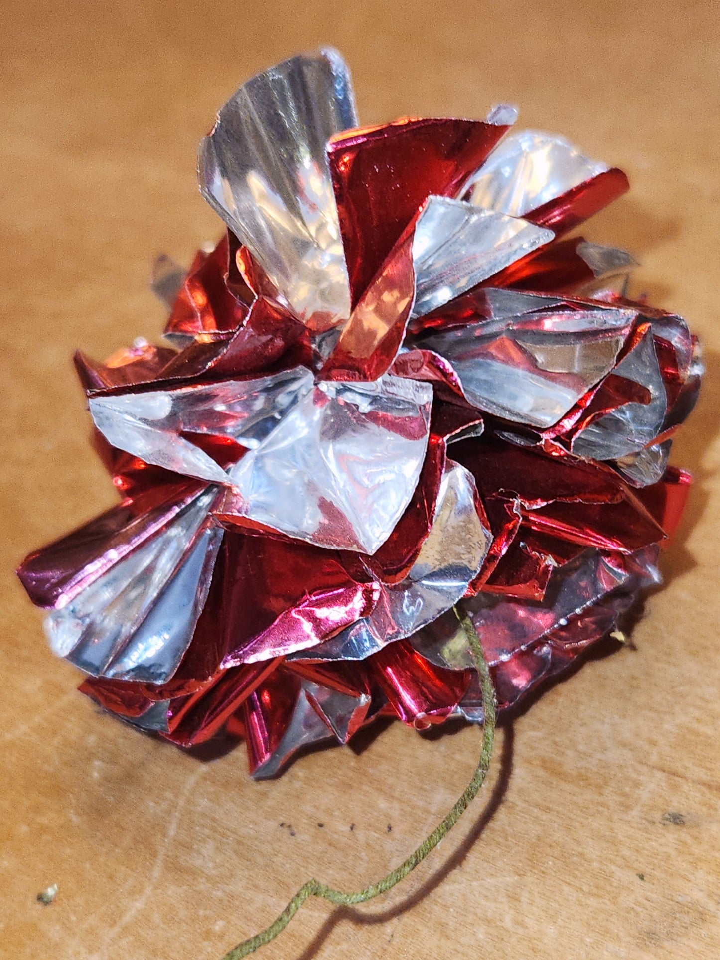 Vintage Crinkle Ball Ornaments or Picks Set of 3 Pinkish Red and Green vo21