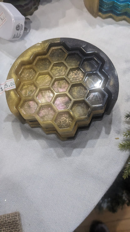 Coaster Set black and gold honeycomb and Bee