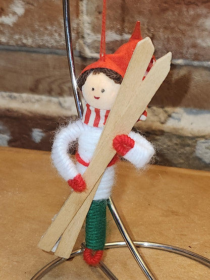 Vintage Fabric & Wood Boy w/Skies Christmas Ornament Germany elf00