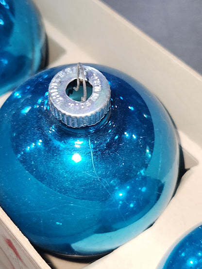 Vintage Shiny Brite Glass Christmas Ornaments Five 3" Varying Blue Shades in Fanci-Pak Box As Is sb15