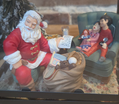 Assemblage in Lantern with Lighted Tree and Hallmark Ornament Set Santa's Big Night 2002 Membership Ornaments Set of 4 as7
