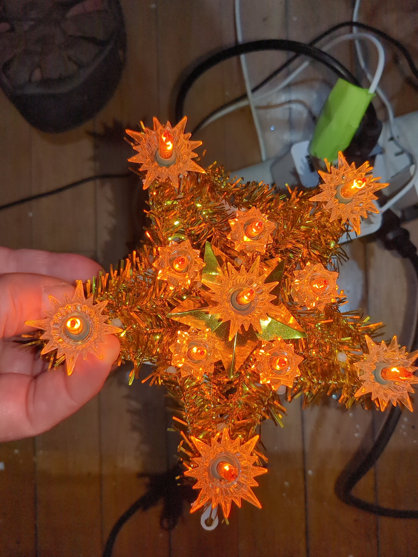 Vintage Christmas gold star tinsel Tree Top Red Flashing Lights tt50