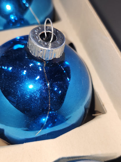Vintage Shiny Brite Glass Christmas Ornaments Five 3" Blue Shades in Fanci-Pak Box As Is sb11