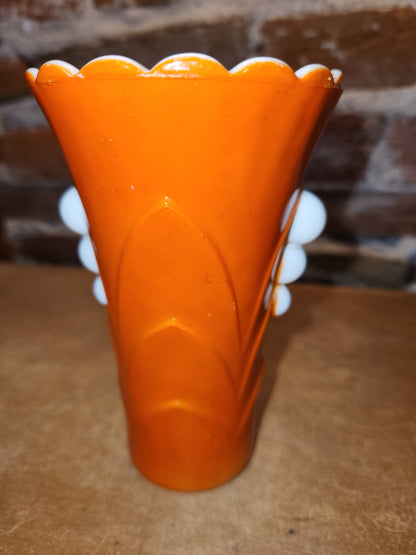 Vintage Vitrock Uranium Glass Vase orange and White Scalloped Edges Beaded Handles Art Deco Vase GLOWS GREEN