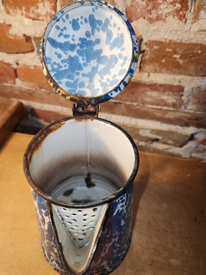 Vintage Enamelware Graniteware Coffee Pot with Lid Blue White Swirl Splotches ew70