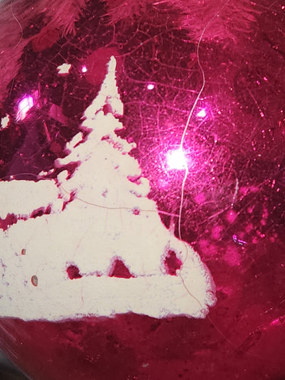 Vintage Shiny Brite Hot Pink Stenciled Church Glass Ornament GLOWS vo17