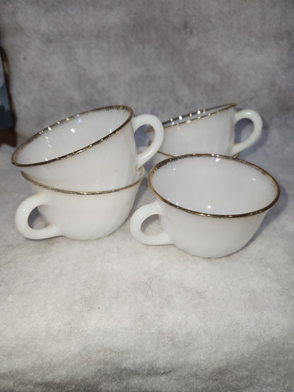 Vintage Fire King White Milk Glass Ribbed Swirl Tea Cup Oven Ware set of 5 fk4
