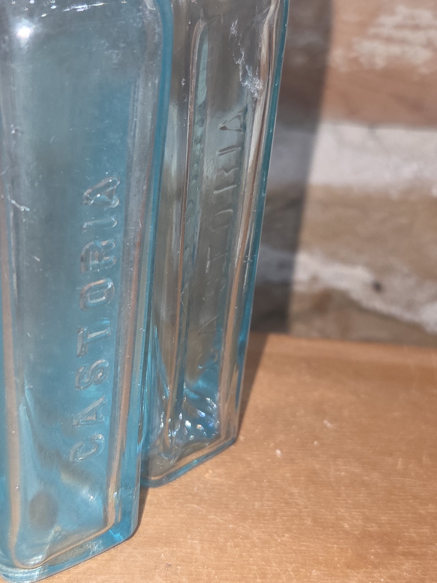 Vintage Medicine Bottles Cha H Fletcher Castoria Faint Blue Glass Set of 2 vmb43