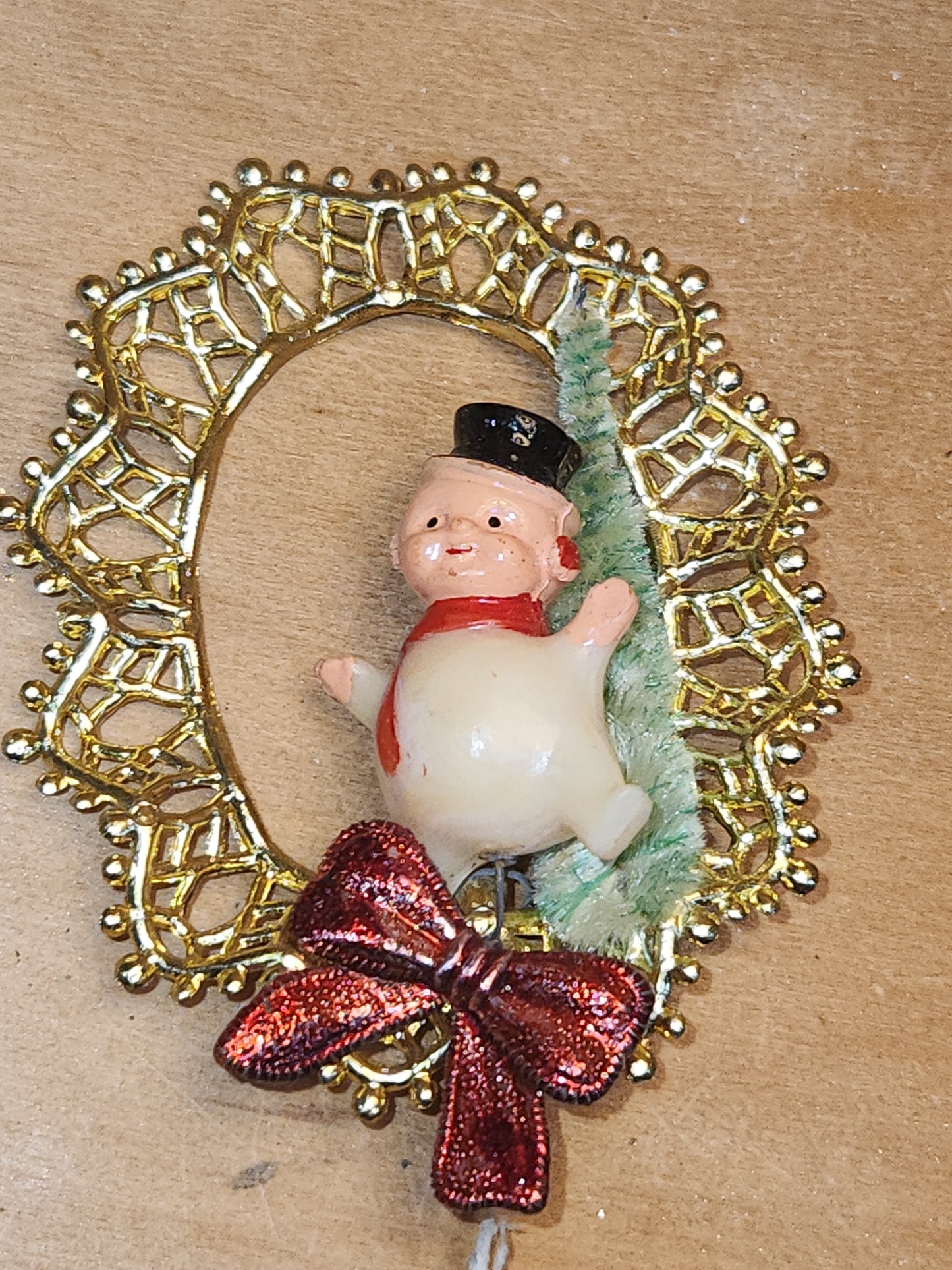 Vintage Commodore Ornament with Celluloid Snowman Chinelle Tree Plastic Bow sm17