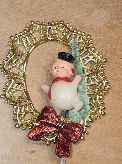 Vintage Commodore Ornament with Celluloid Snowman Chinelle Tree Plastic Bow sm17