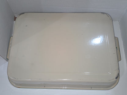 Vintage Enamel Baking Roasting Pan Rustic Primitive Cream with Green Trim en82