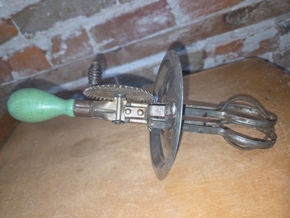 Vintage A & J  Hand Mixer Egg Beater Green Wood Handle kit601