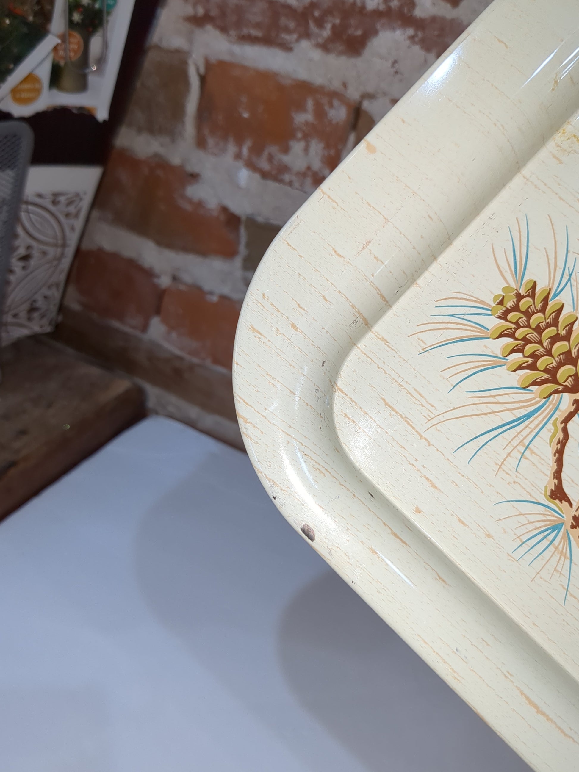 Vintage MCM Turquoise, brown, cream, buttery yellow Pine Cone Metal Serving Tray