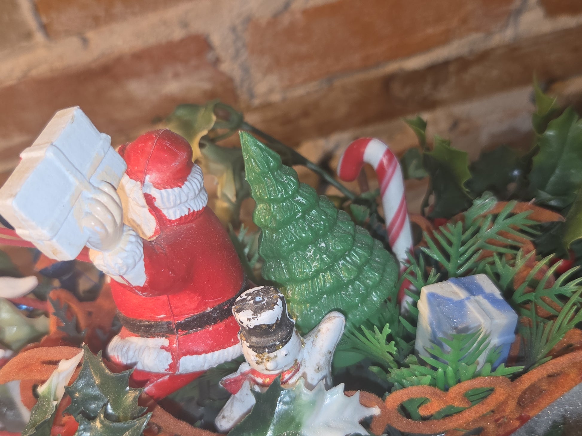 Assemblage With Vintage Blow Mold Santa and Reindeer Flocked Sleigh va98