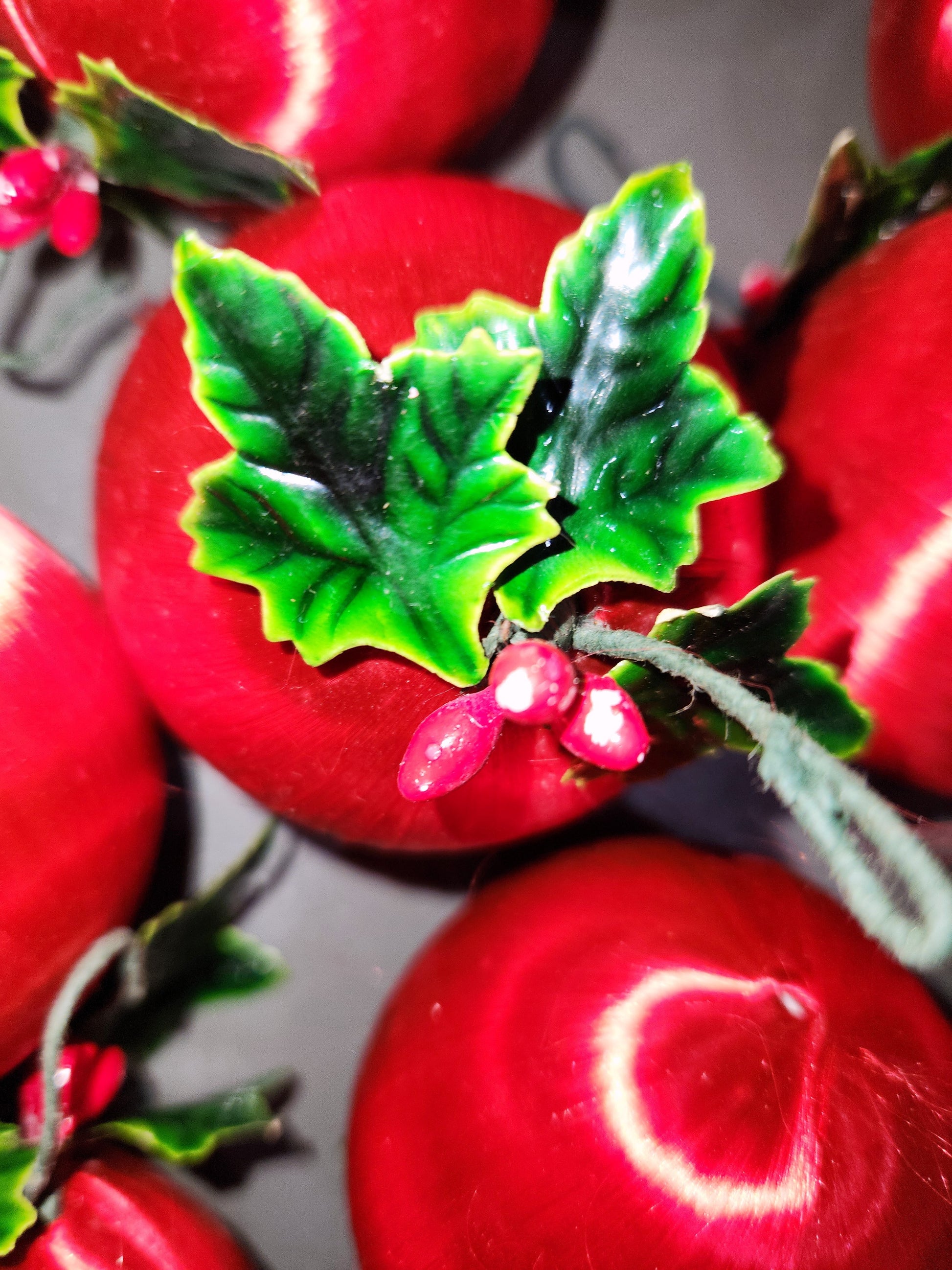 Vintage Red Satin Spun Silk Christmas Ornament 2" Ball With Green Holly Leaf and Green Metal Hanger