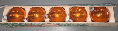Vintage Shiny Brite Glass Christmas Ornaments Five 2" Orange Shades in Fanci-Pak Box As Is bo61