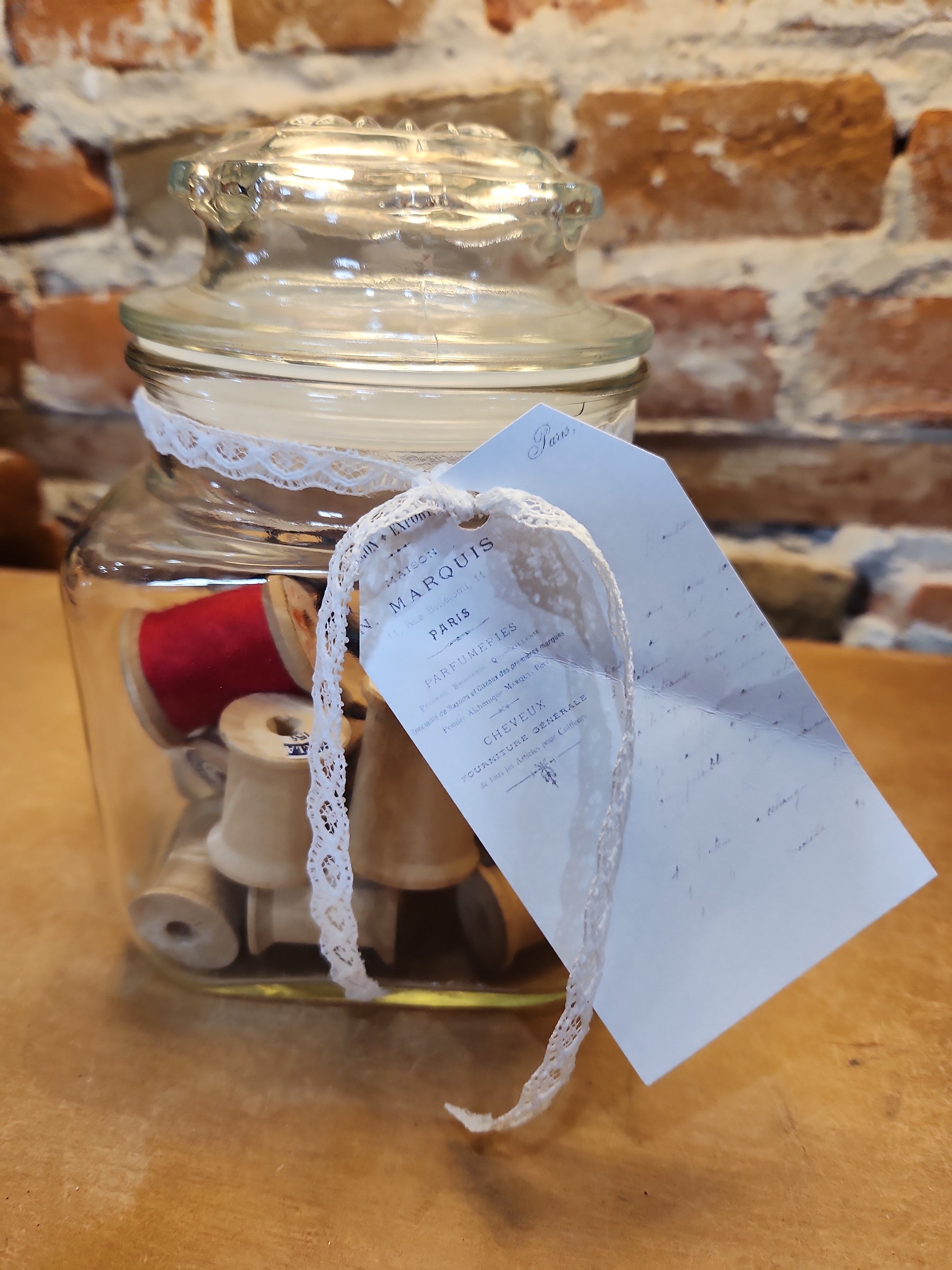 Vintage Sewing Jar Assemblage Wooden Thread Spools Scissors Wooden Clothespins Safety Pin vj12