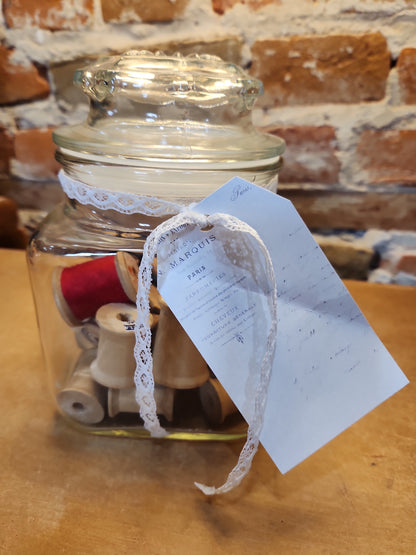 Vintage Sewing Jar Assemblage Wooden Thread Spools Scissors Wooden Clothespins Safety Pin vj12